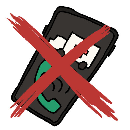 a drawing of a phone with an ambulance and a green phone symbol on it. a large red X is drawn over the phone.